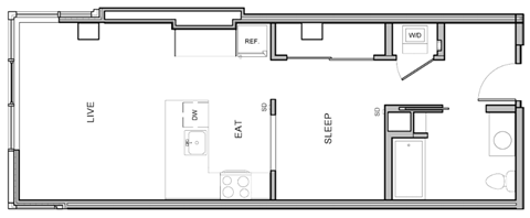 Floor plan for 1 bed, 1 bath, 591 sqft